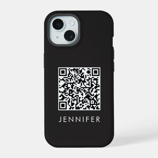 Modern Minimalist Black Executive QR Code Monogram iPhone 15 Case (Achterkant)
