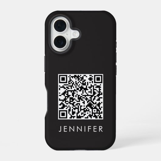 Modern Minimalist Black Executive QR Code Monogram iPhone 16 Hoesje (Achterkant)