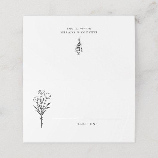Modern minimalist Black Floral Bouquet Wedding Plaatskaartje (Buitenkant ongevouwen)