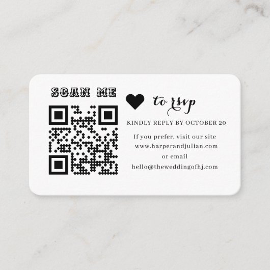 Modern Minimalist Black Heart QR Code RSVP  Informatiekaartje (Voorkant)