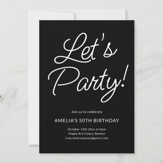 Modern Minimalist Black Script Birthday Party Chic Kaart (Voorkant)