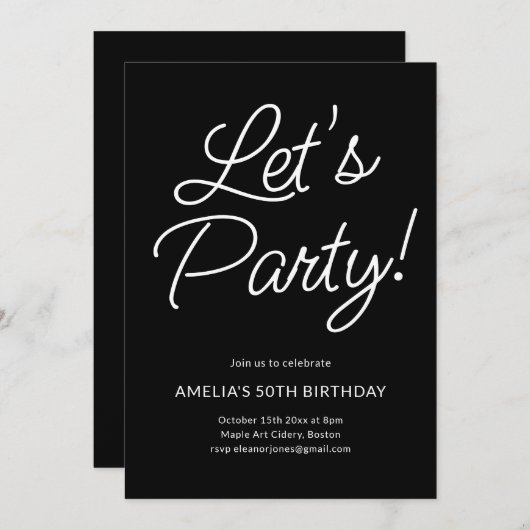 Modern Minimalist Black Script Birthday Party Chic Kaart (Voorkant / Achterkant)