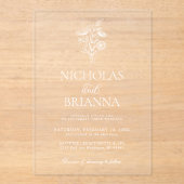 Modern Minimalist Black White Floral Wedding Acryl Uitnodigingen (Voorkant)