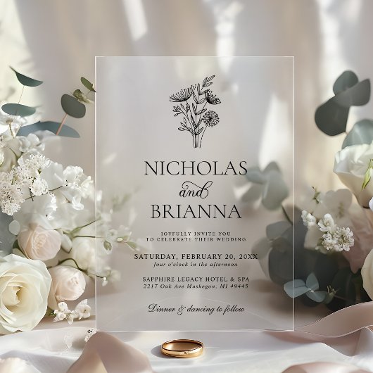 Modern Minimalist Black White Floral Wedding Acryl Uitnodigingen