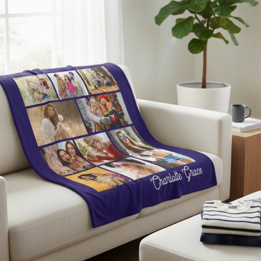 Modern Minimalist Blue 10 Photo Collage With Name Fleece Deken