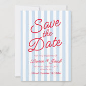 Modern Minimalist Blue and Red Stripes Wedding Save The Date (Voorkant)