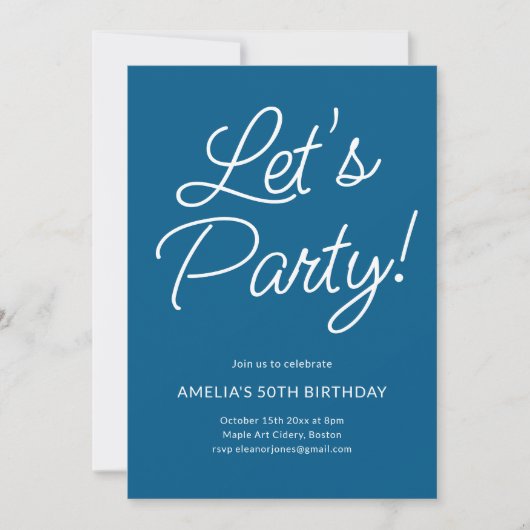 Modern Minimalist Blue Birthday Party Chic Kaart (Voorkant)