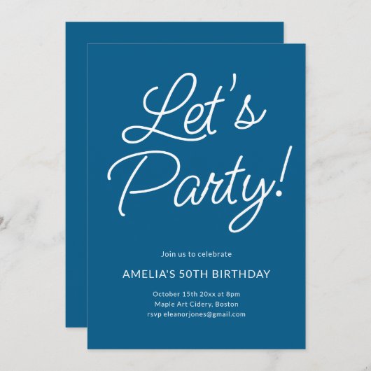 Modern Minimalist Blue Birthday Party Chic Kaart (Voorkant / Achterkant)