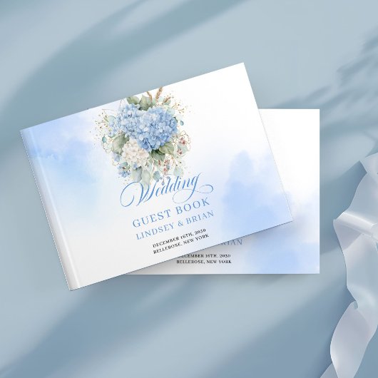 Modern Minimalist Blue Hydrangeas Gold Wedding Gastenboek