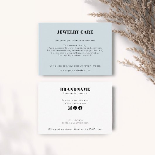 Modern Minimalist Blue Jewelry Care Insert Card Informatiekaartje