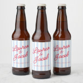 Modern Minimalist Blue Stripes Red Wedding Bier Etiket (Flessen)