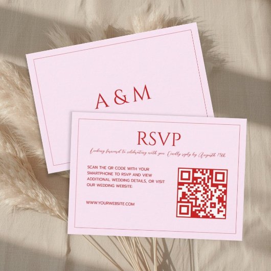 Modern minimalist blush pink red QR code wedding RSVP Kaartje