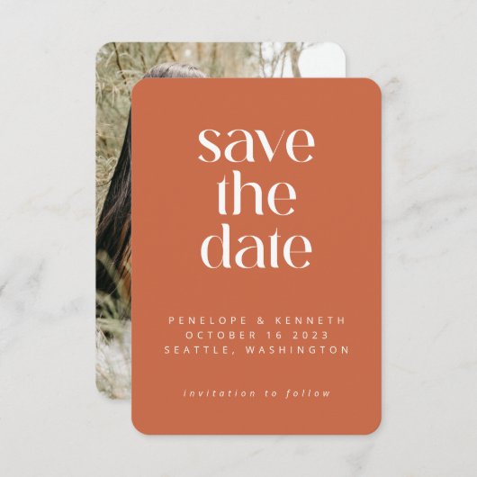 Modern minimalist Boho Terracotta Eenvoudige foto Save The Date (Voorkant / Achterkant)