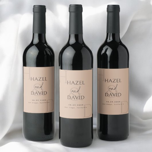 Modern Minimalist Brown Monogram Wedding Wijn Etiket