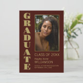 Modern minimalist Burgundy Gold Photo Afstuderen Aankondiging (Staand voorkant)