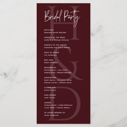 Modern Minimalist Burgundy Monogram Wedding Programmakaart (Achterkant)