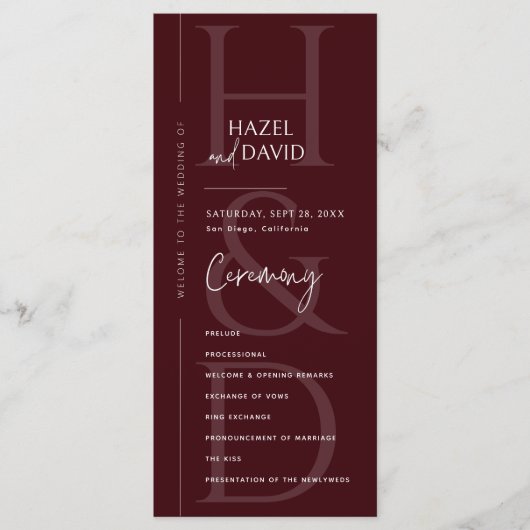 Modern Minimalist Burgundy Monogram Wedding Programmakaart (Voorkant)