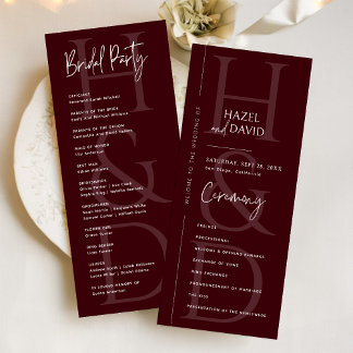Modern Minimalist Burgundy Monogram Wedding Programmakaart