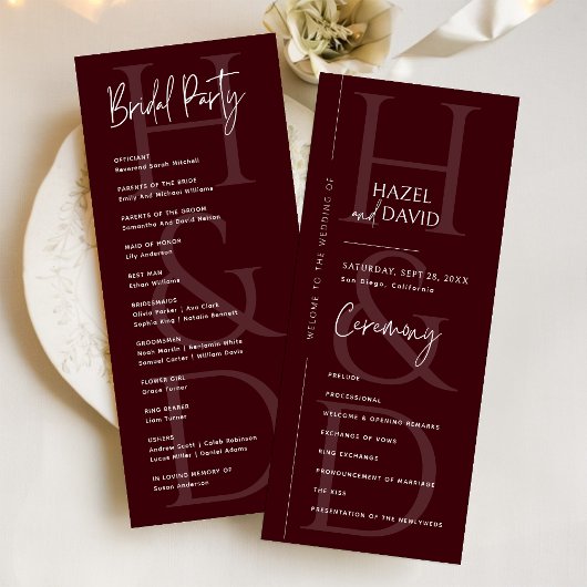 Modern Minimalist Burgundy Monogram Wedding Programmakaart