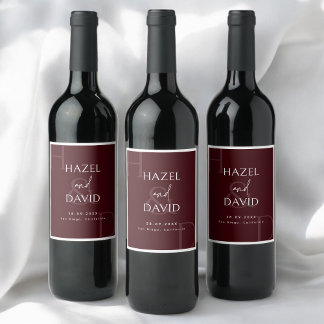 Modern Minimalist Burgundy Monogram Wedding Wijn Etiket