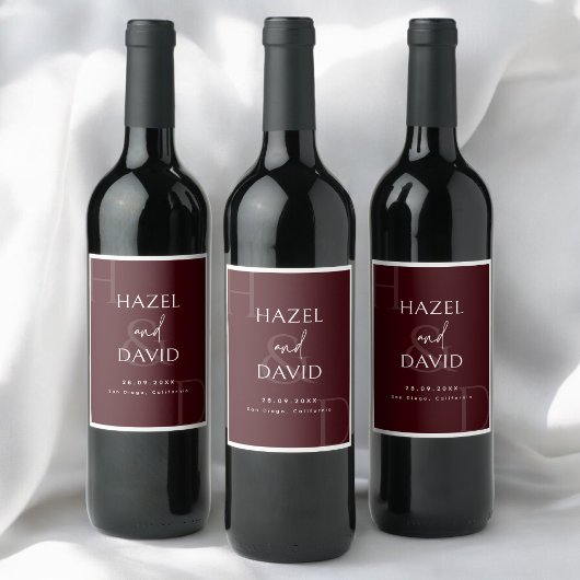 Modern Minimalist Burgundy Monogram Wedding Wijn Etiket