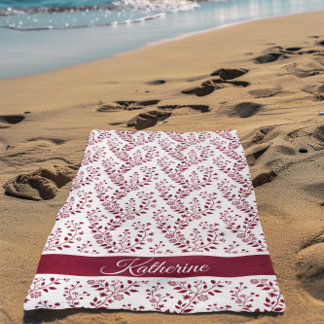 Modern Minimalist Burgundy Red White Floral Script Strandlaken