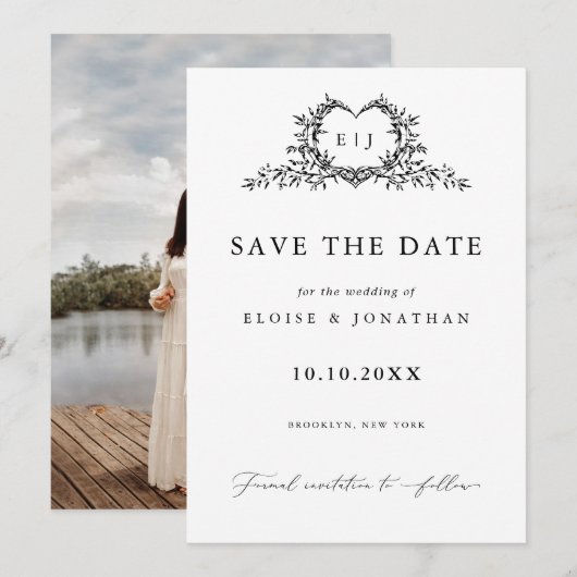 Modern Minimalist Calligraphy Crest monogram Photo Save The Date (Voorkant / Achterkant)