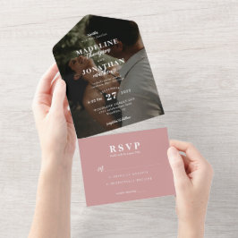 Modern minimalist Classy Photo Wedding Dusty Pink All In One Uitnodiging