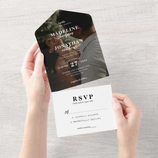 Modern minimalist Classy Photo Wedding Rsvp All In One Uitnodiging (Afscheurbaar)