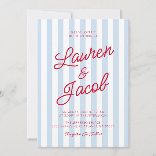 Modern Minimalist Coastal Red Blue Stripes Wedding Kaart (Voorkant)