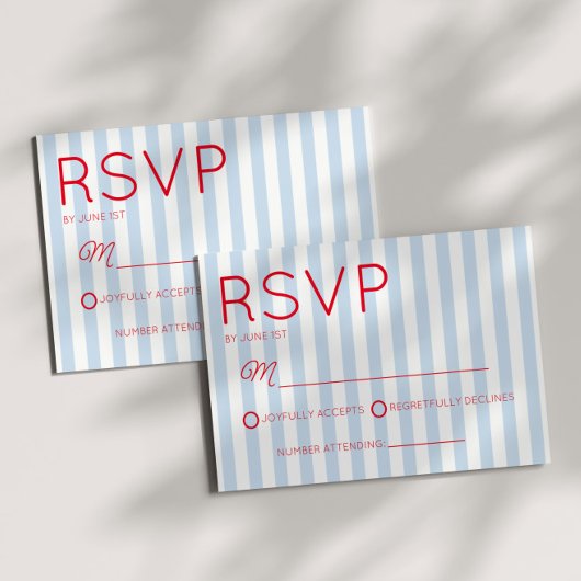 Modern Minimalist Coastal Red Blue Stripes Wedding RSVP Kaartje