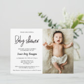 Modern Minimalist Custom Photo Baby Shower Kaart (Staand voorkant)