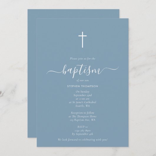 Modern minimalist Dusty Blue Christening Baptisme Kaart (Voorkant / Achterkant)