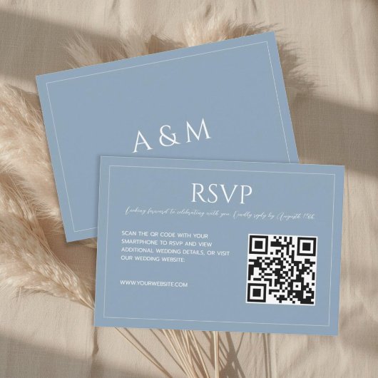 Modern minimalist dusty blue QR code wedding  RSVP Kaartje