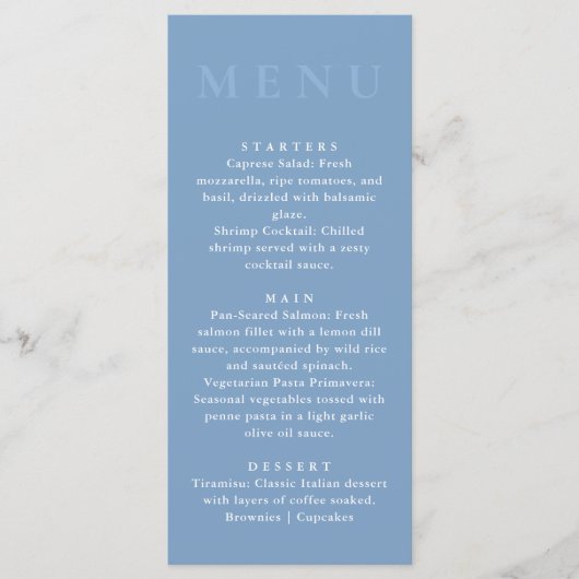 Modern Minimalist Dusty Blue Wedding Dinner Menu (Voorkant)