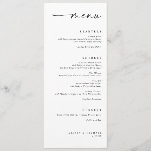 Modern Minimalist Elegant Black and White Wedding Menu (Voorkant)