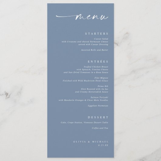 Modern Minimalist Elegant Dusty Blue Wedding Menu (Voorkant)