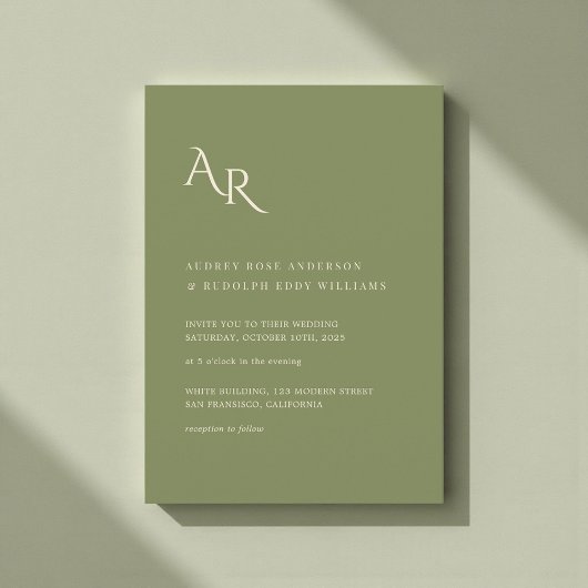 Modern Minimalist Elegant Green Cream Wedding Kaart