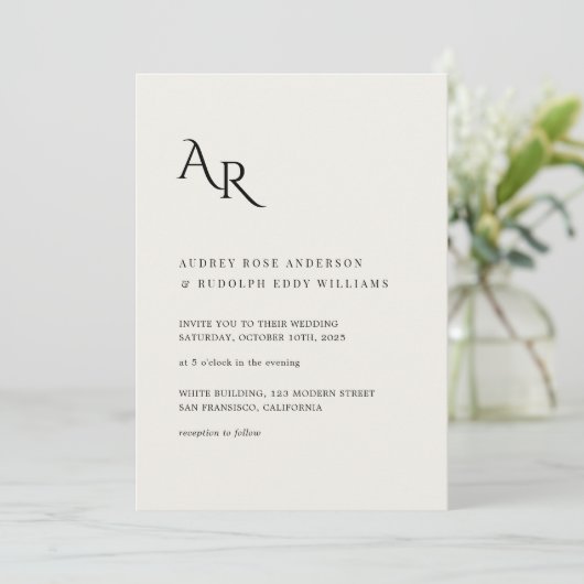 Modern Minimalist Elegant Ivory Black Wedding Kaart (Staand voorkant)