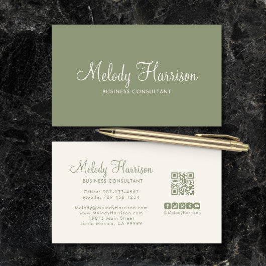 Modern Minimalist Elegant Sage Green QR Code Visitekaartje