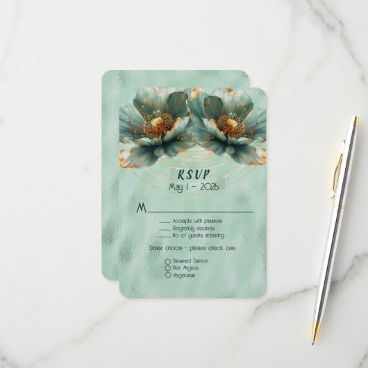Modern Minimalist Emerald and Gold Wedding RSVP Kaartje (Voorkant / Achterkant in situ)