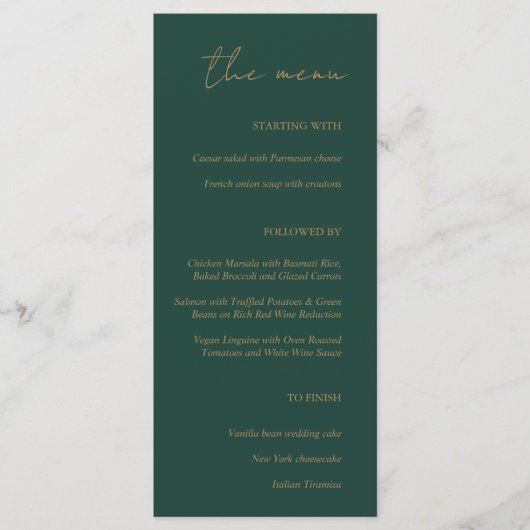 Modern minimalist Emerald Green Gold Wedding Menu (Voorkant)