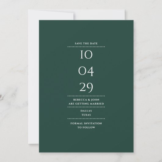 Modern minimalist Emerald Green Wedding Save The Date (Voorkant)