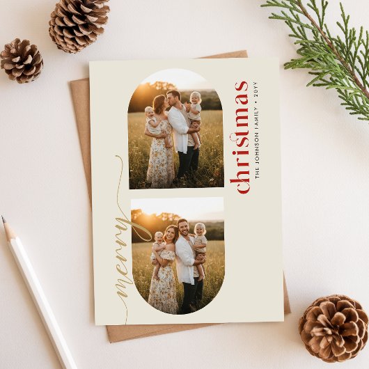 Modern Minimalist Family Christmas Arched 3 Photo Feestdagenkaart