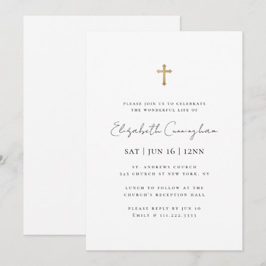 Modern minimalist Faux Gold Cross Memorial Funeral Kaart (Voorkant / Achterkant)