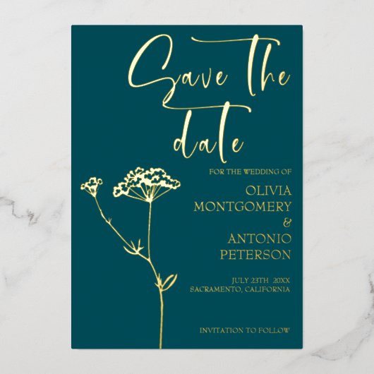 Modern Minimalist Floral Blauwgroen Save the date Folie Uitnodiging (Voorkant)