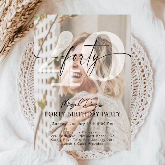 Modern Minimalist FORTY 40th Birthday Party Photo  Kaart
