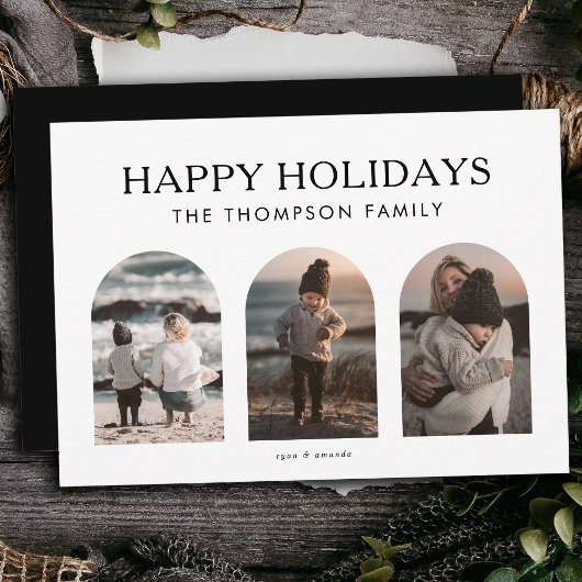 Modern Minimalist Gepersonaliseerd drie foto Kerst Feestdagenkaart