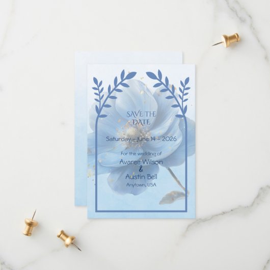 Modern Minimalist Gold and Blue Flat Save The Date (Voorkant / Achterkant in situ)