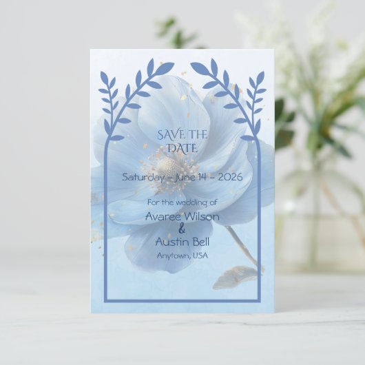 Modern Minimalist Gold and Blue Flat Save The Date (Staand voorkant)